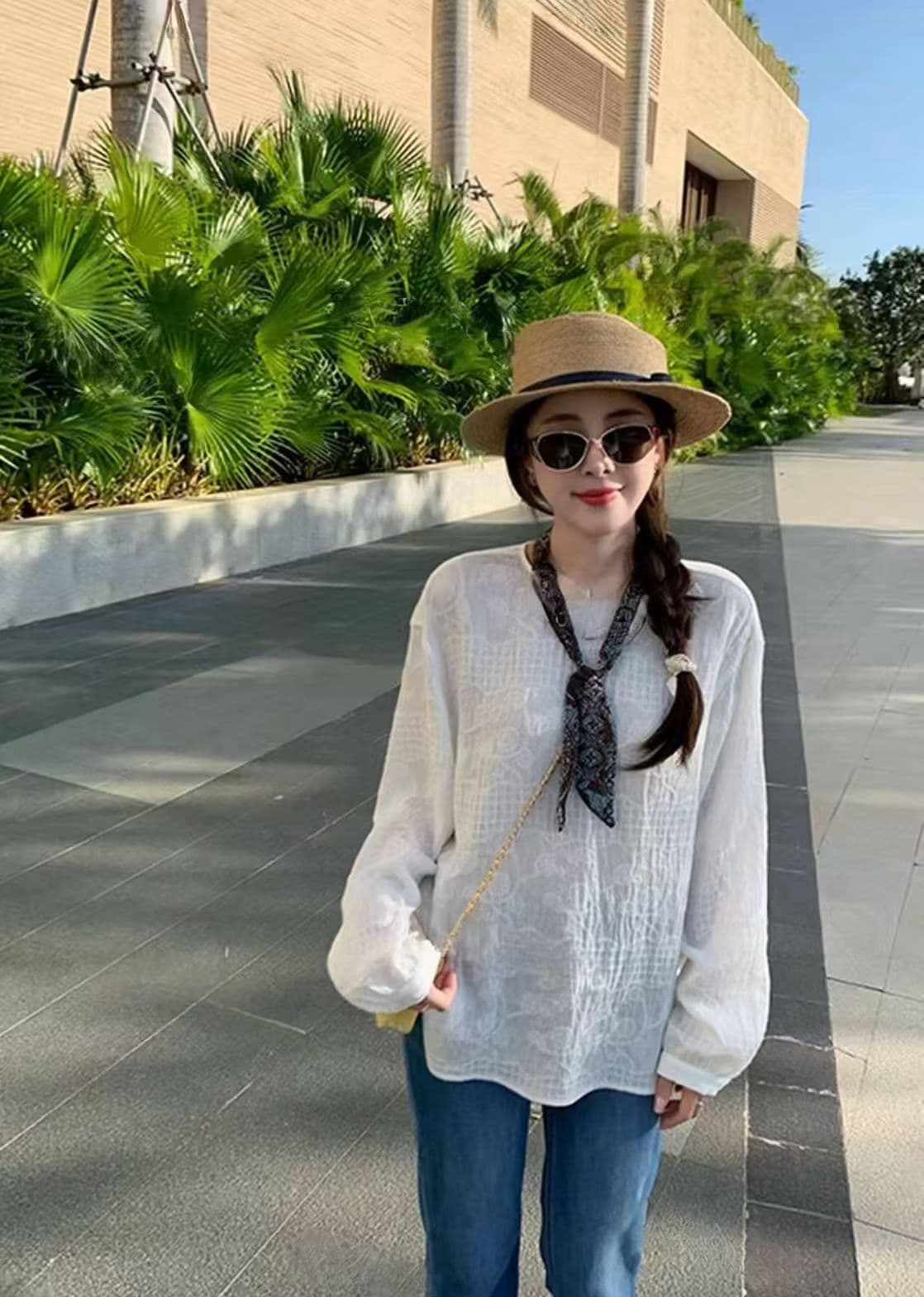 디자인 센스 자카드 자수 화이트 긴팔 여성 셔츠 봄 새로운 지방 mm 루즈핏 슬림해 보이는 품격 맨위 상세 이미지 3