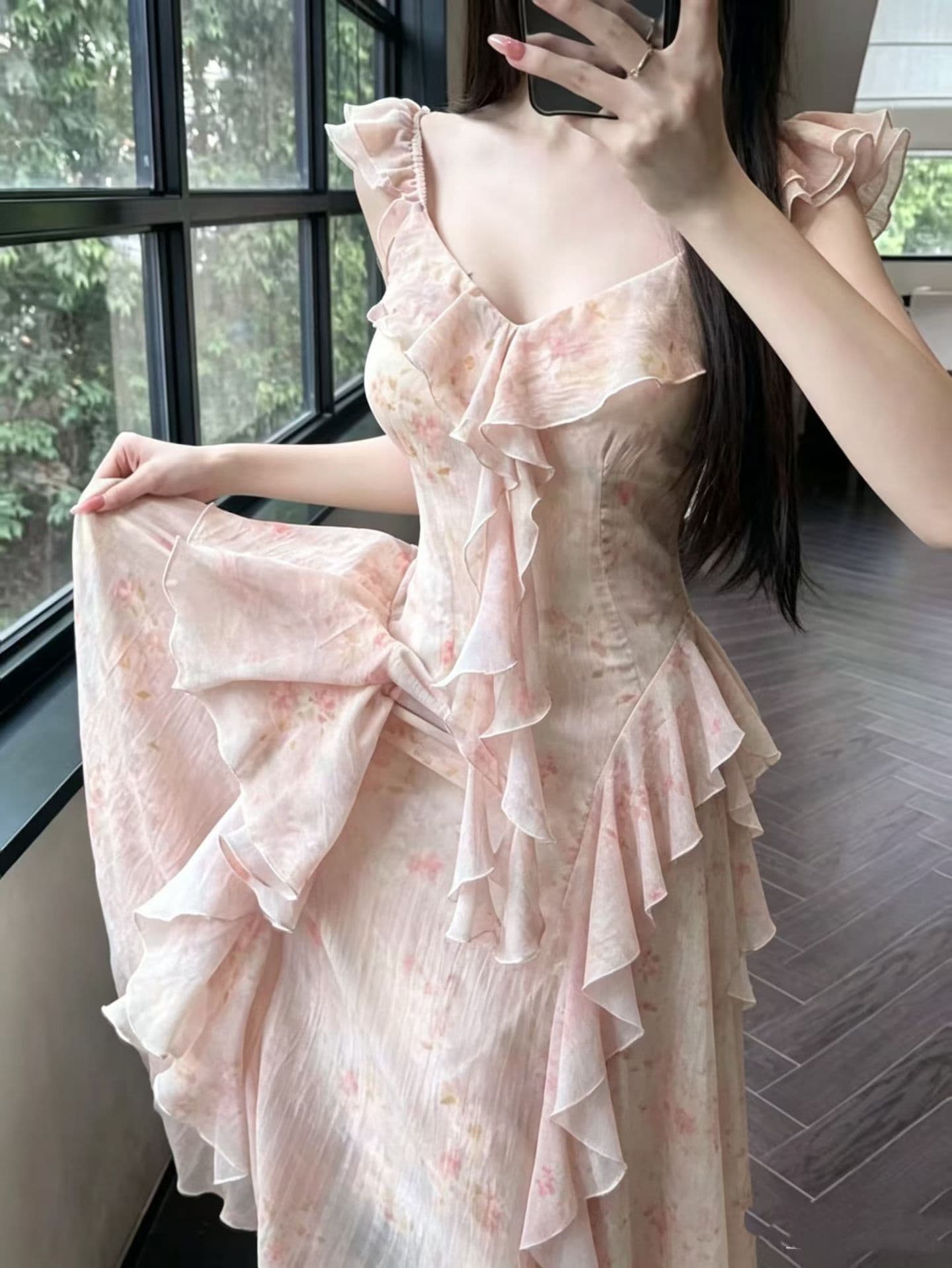 프랑스식 부드러운 바람 V넥 프릴 체크무늬 꽃무늬 여성 드레스 여름 품격 허리 수축 슬림해 보이는 민소매 롱 스커트 상세 이미지 1