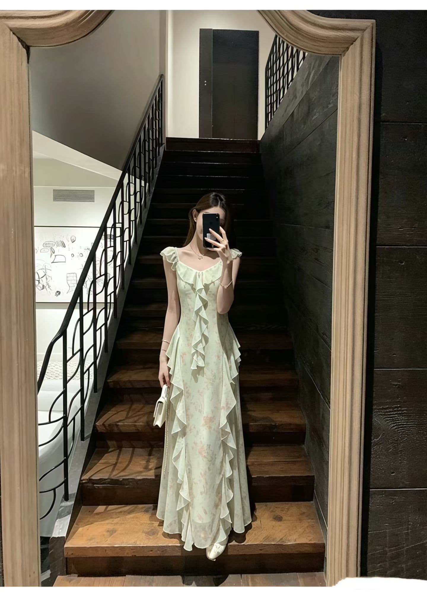 프랑스식 부드러운 바람 V넥 프릴 체크무늬 꽃무늬 여성 드레스 여름 품격 허리 수축 슬림해 보이는 민소매 롱 스커트 상세 이미지 6