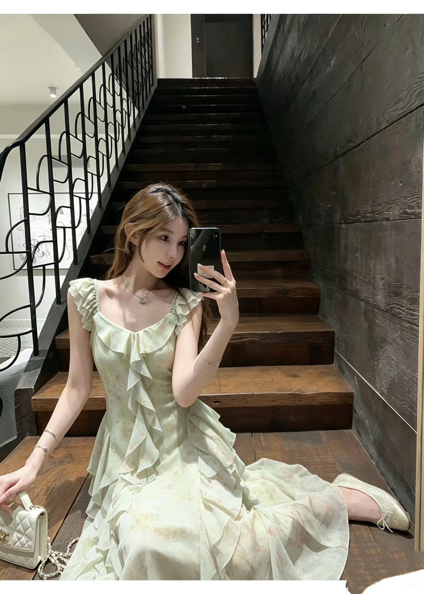 프랑스식 부드러운 바람 V넥 프릴 체크무늬 꽃무늬 여성 드레스 여름 품격 허리 수축 슬림해 보이는 민소매 롱 스커트 상세 이미지 7