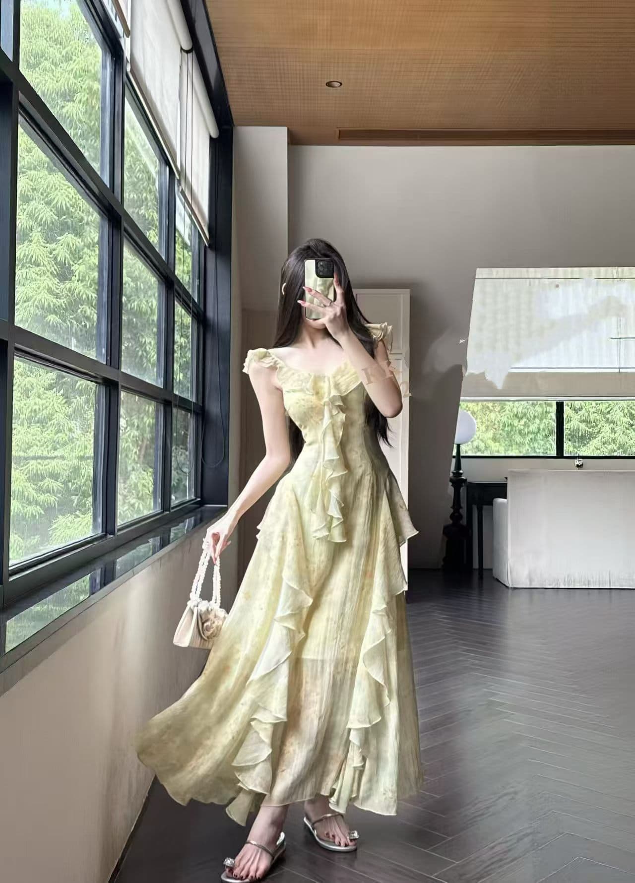 프랑스식 부드러운 바람 V넥 프릴 체크무늬 꽃무늬 여성 드레스 여름 품격 허리 수축 슬림해 보이는 민소매 롱 스커트 상세 이미지 8
