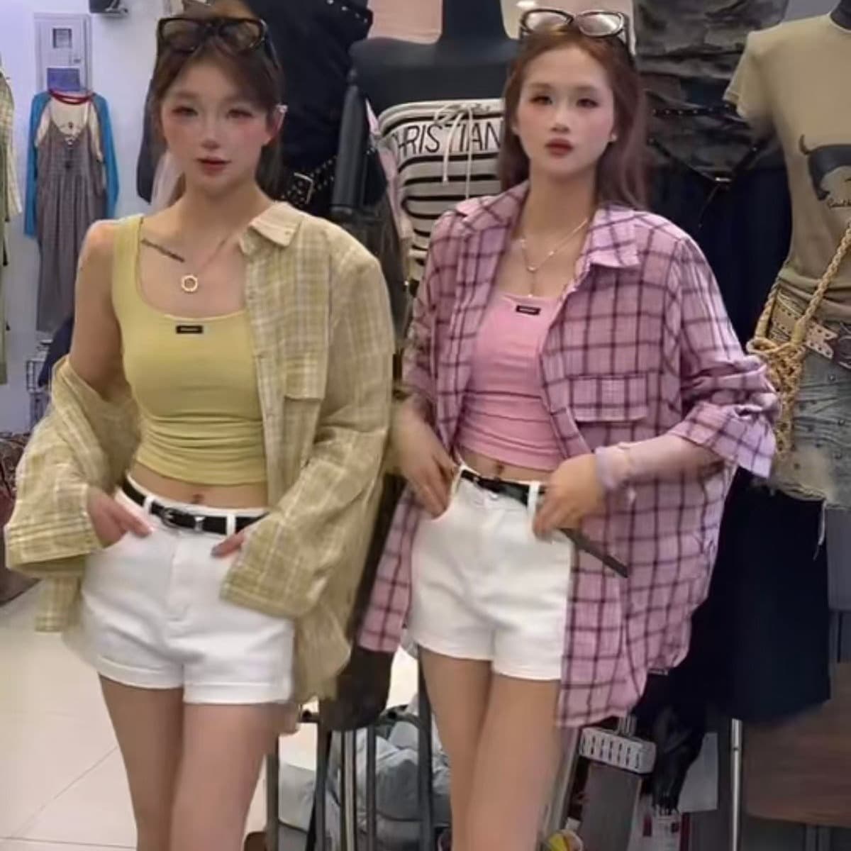 느긋한 바람 연령 감소 패션 세트 여성 여름 체크무늬 긴팔 셔츠 맨위 캐미솔 데님 반바지 3종 세트 이미지 5