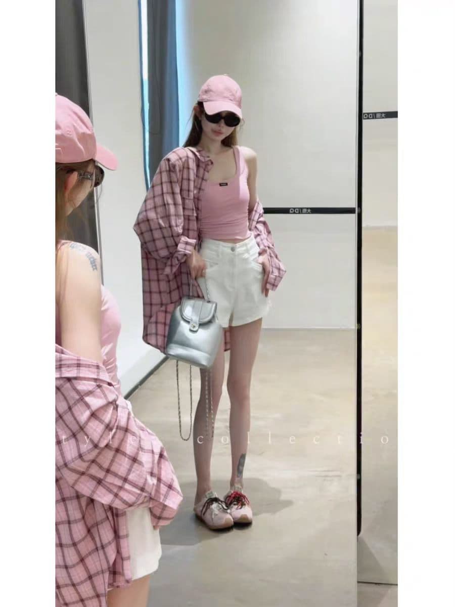 느긋한 바람 연령 감소 패션 세트 여성 여름 체크무늬 긴팔 셔츠 맨위 캐미솔 데님 반바지 3종 세트 상세 이미지 1