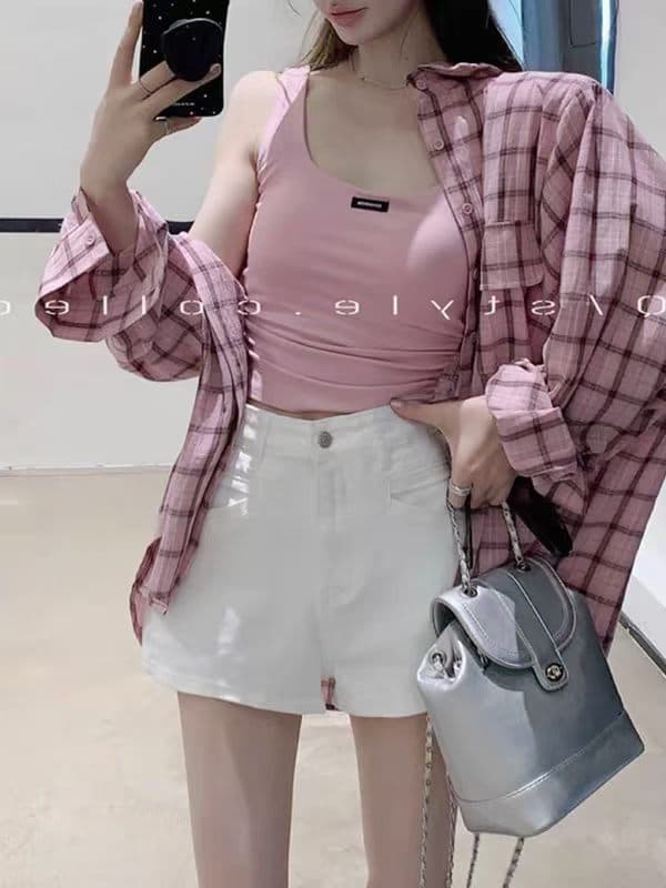느긋한 바람 연령 감소 패션 세트 여성 여름 체크무늬 긴팔 셔츠 맨위 캐미솔 데님 반바지 3종 세트 상세 이미지 6