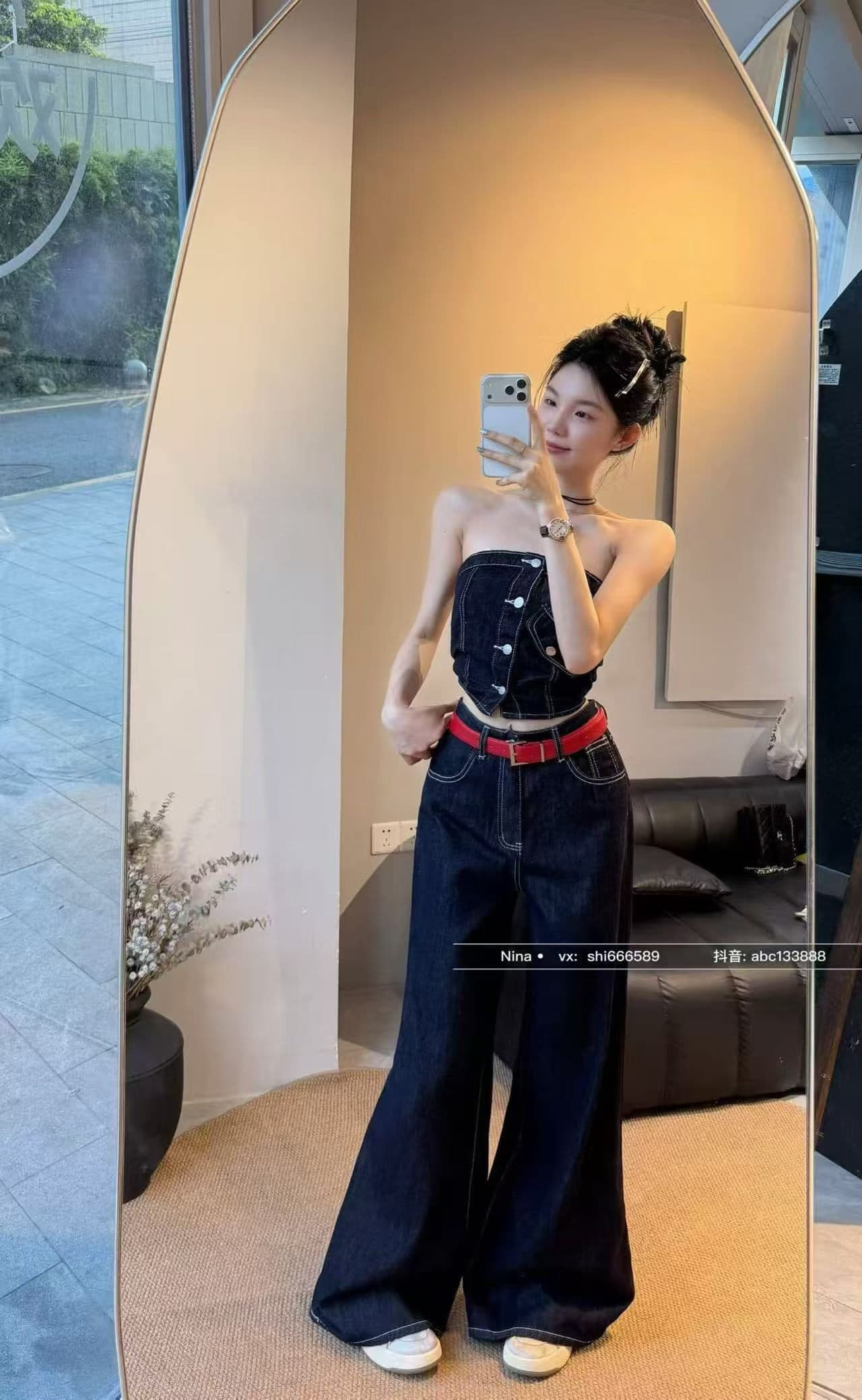 한 부서 핫걸 바람 블루 색상 워싱 데님 튜브탑 조끼 와이드 레그 팬츠 세트 여성 여름 다용도 슬림해 보이는 투피스 세트 이미지 4