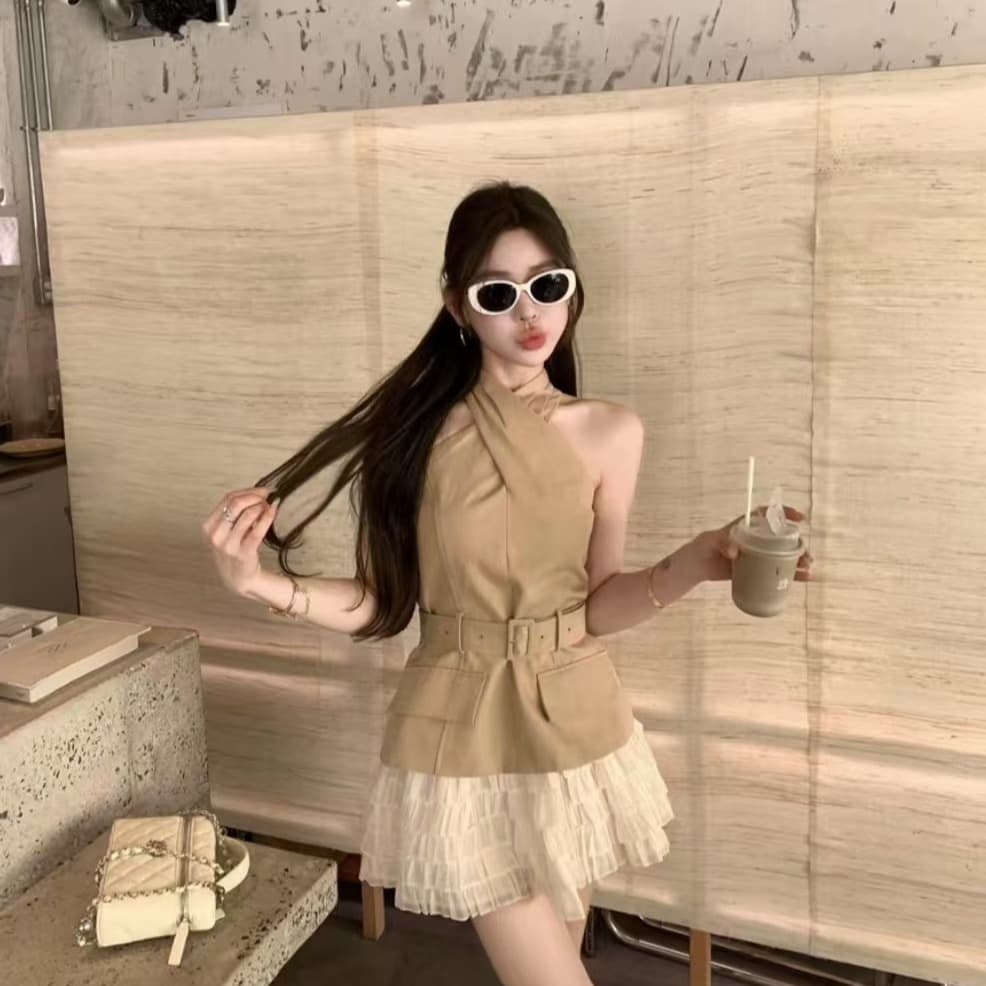 감기 원 웨이 카키 색 십자가 벨트 조끼 베이지 색 쉬폰 무거운 작업 층 반 스커트 세트 이미지 5