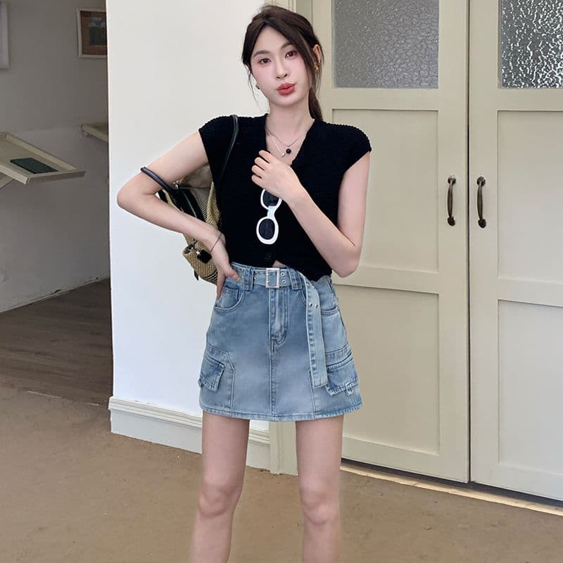 실사 데님 짧은 치마바지 여성 파란색 타이트 스커트 한 마디 워크웨어 핫걸 이미지 2