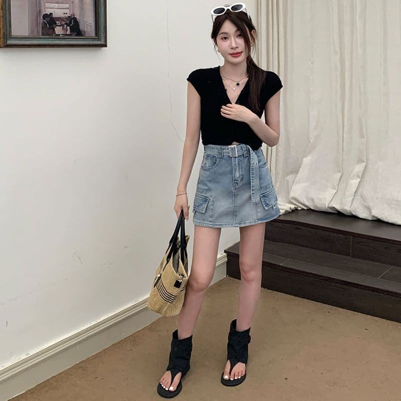 실사 데님 짧은 치마바지 여성 파란색 타이트 스커트 한 마디 워크웨어 핫걸 이미지 5