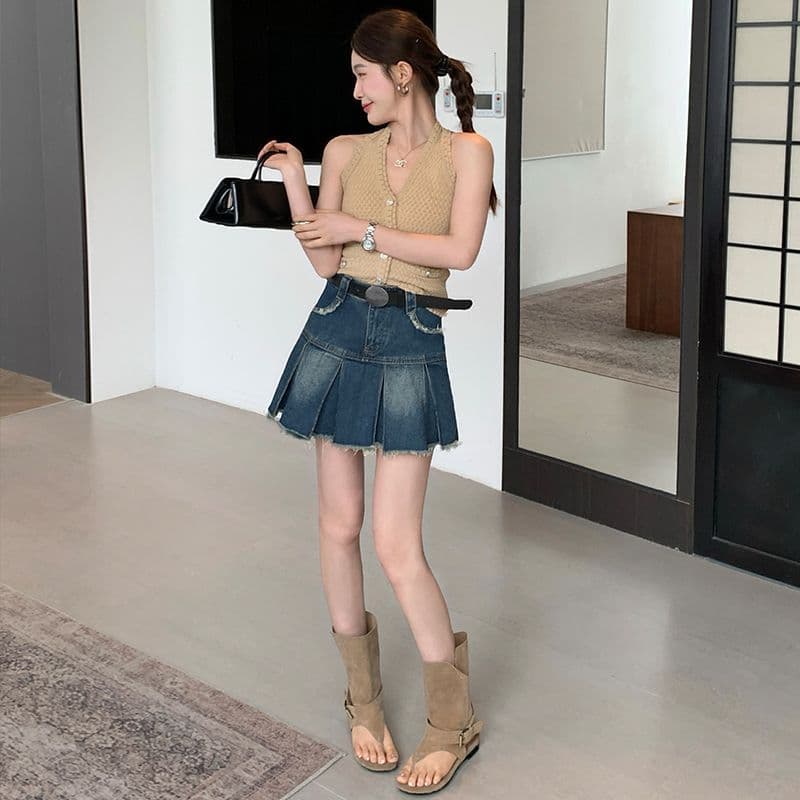 실사 데님 미니 스커트 여성 레트로 블루 아메리칸 플리츠 거친 가장자리 선물 벨트 이미지 2