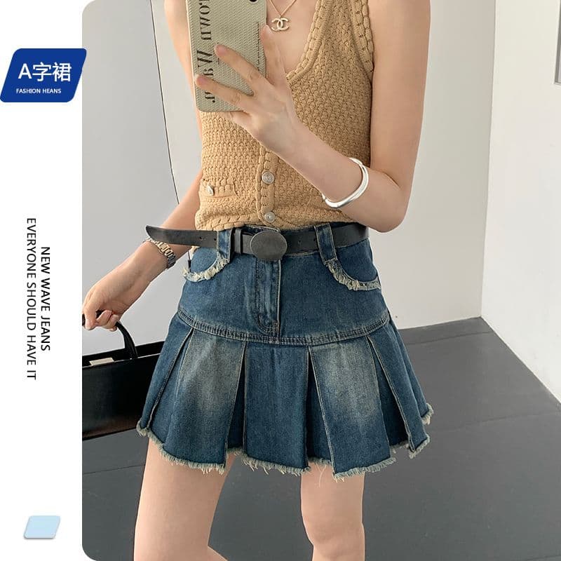 실사 데님 미니 스커트 여성 레트로 블루 아메리칸 플리츠 거친 가장자리 선물 벨트 이미지 3