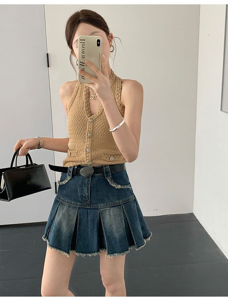 실사 데님 미니 스커트 여성 레트로 블루 아메리칸 플리츠 거친 가장자리 선물 벨트 상세 이미지 10