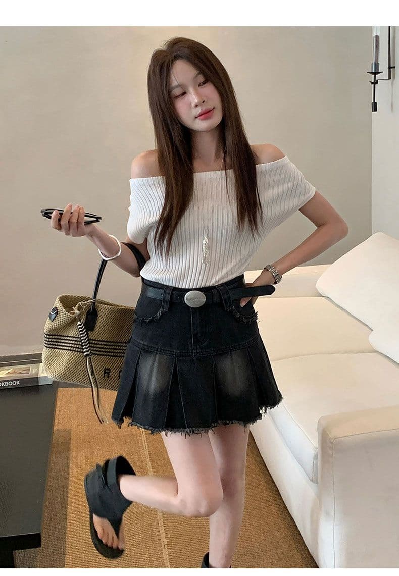 실사 데님 미니 스커트 여성 레트로 블루 아메리칸 플리츠 거친 가장자리 선물 벨트 상세 이미지 12