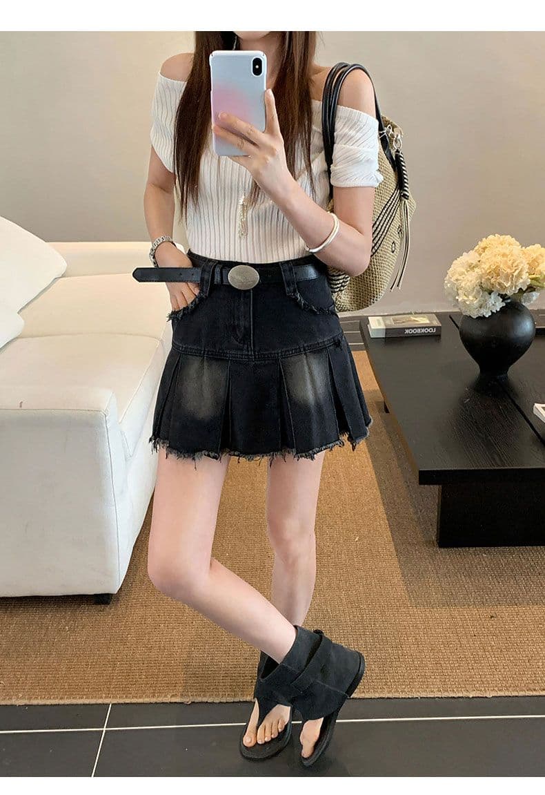 실사 데님 미니 스커트 여성 레트로 블루 아메리칸 플리츠 거친 가장자리 선물 벨트 상세 이미지 13
