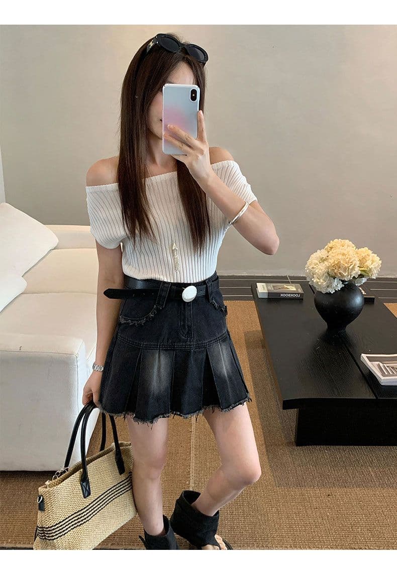 실사 데님 미니 스커트 여성 레트로 블루 아메리칸 플리츠 거친 가장자리 선물 벨트 상세 이미지 14