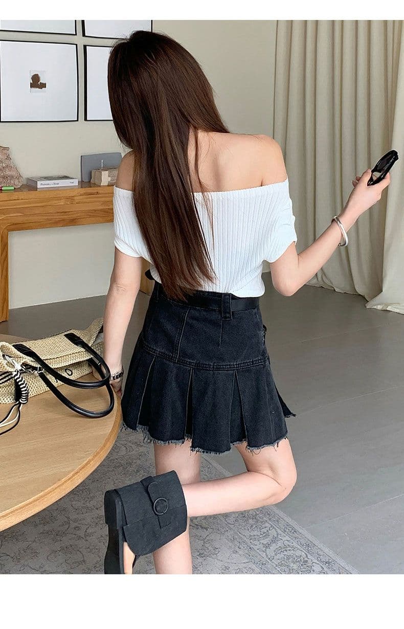 실사 데님 미니 스커트 여성 레트로 블루 아메리칸 플리츠 거친 가장자리 선물 벨트 상세 이미지 16