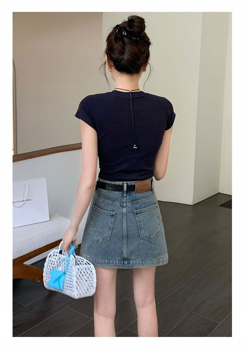 실사 데님 미니 스커트 여성 노스탤지어 블루 워크웨어 한 마디 선물 벨트 상세 이미지 13