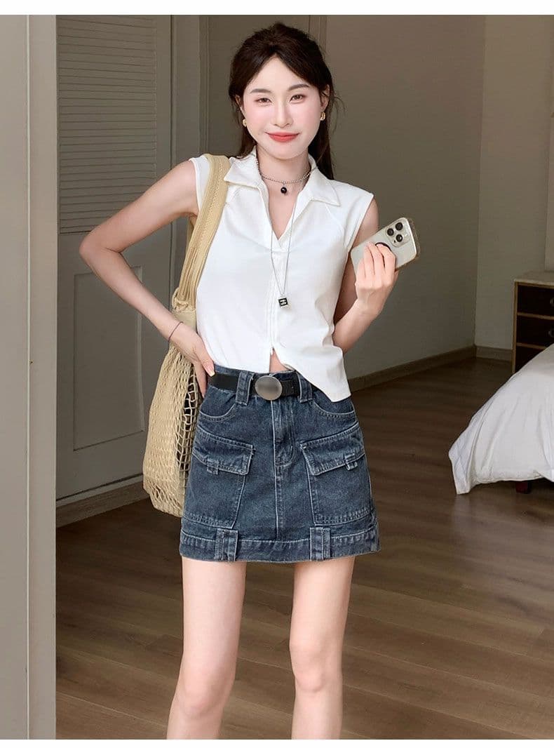 실사 데님 미니 스커트 여성 노스탤지어 블루 워크웨어 한 마디 선물 벨트 상세 이미지 14