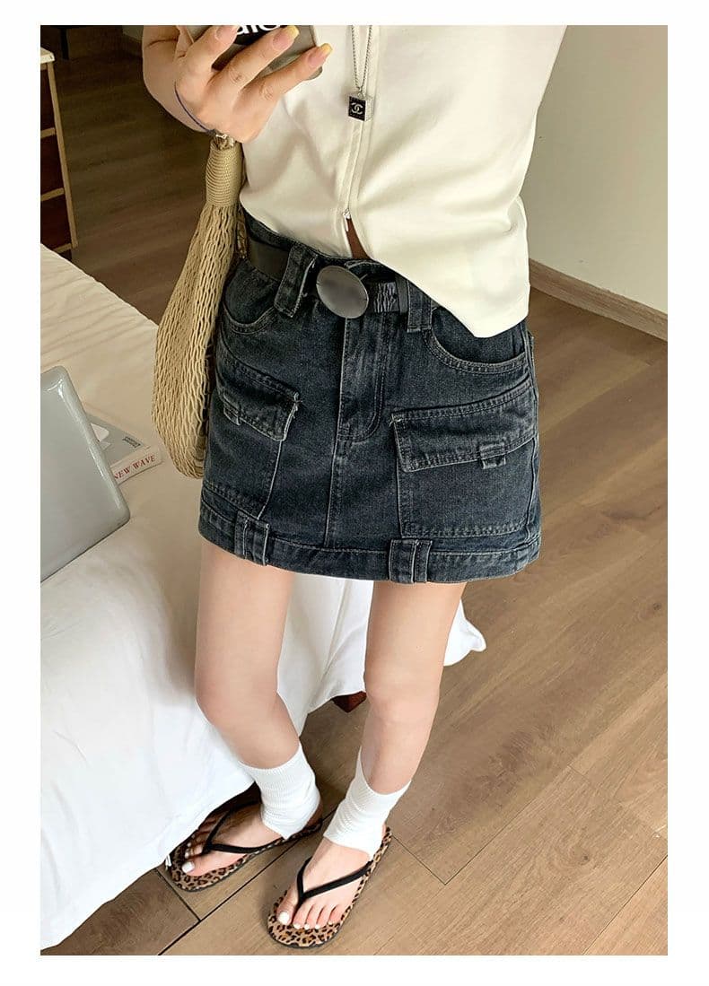 실사 데님 미니 스커트 여성 노스탤지어 블루 워크웨어 한 마디 선물 벨트 상세 이미지 15
