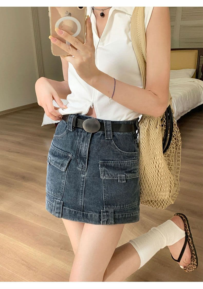 실사 데님 미니 스커트 여성 노스탤지어 블루 워크웨어 한 마디 선물 벨트 상세 이미지 16