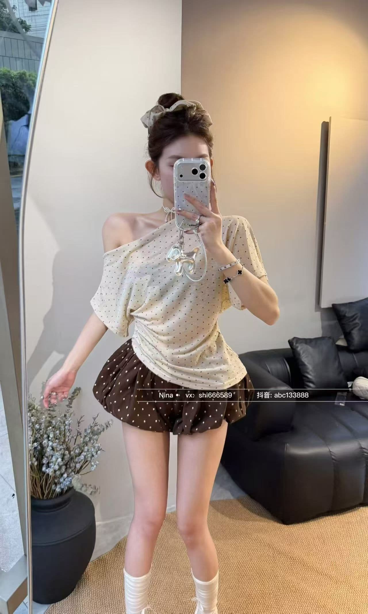 순수한 욕망 달콤함 도트 무늬 반팔 티셔츠 도트 무늬 꽃밭 치마바지 투피스 세트 세트