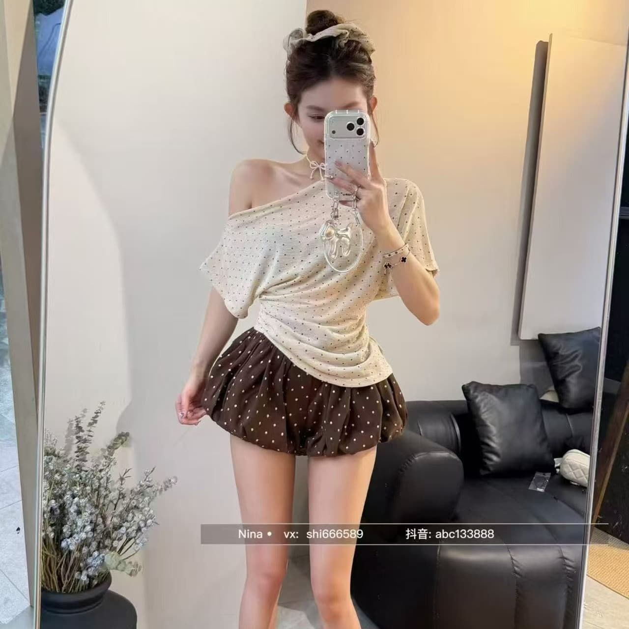 순수한 욕망 달콤함 도트 무늬 반팔 티셔츠 도트 무늬 꽃밭 치마바지 투피스 세트 세트 이미지 5