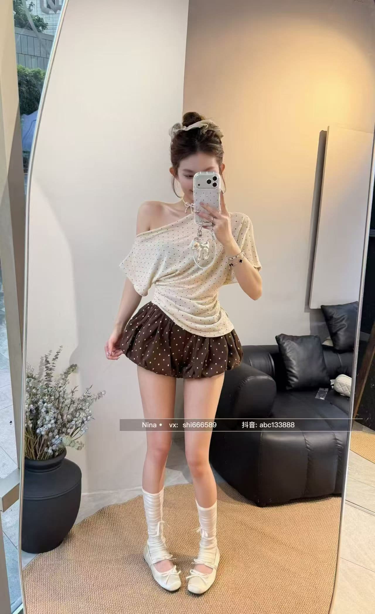 순수한 욕망 달콤함 도트 무늬 반팔 티셔츠 도트 무늬 꽃밭 치마바지 투피스 세트 세트 상세 이미지 5