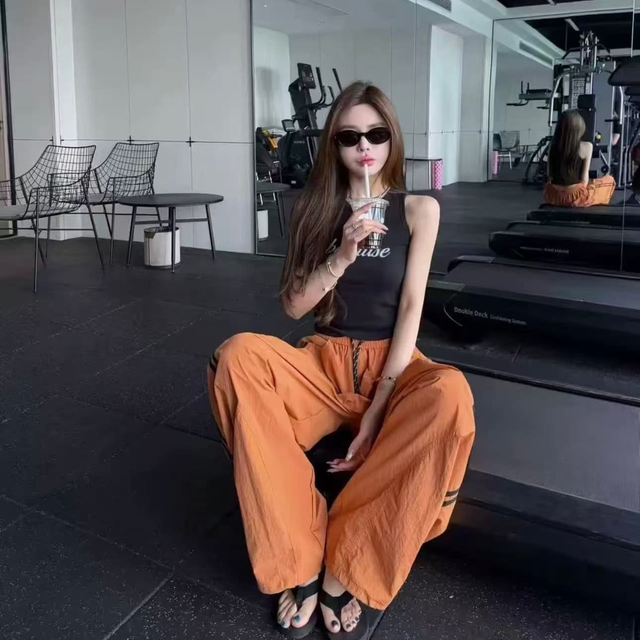 일몰 황혼 검정색 알파벳 단어 조끼 더러운 주황색 속도 건조한 워크웨어 팬츠 세트 이미지 5