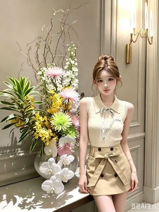 우유 살구 색상 polo 니트 투피스 조끼 여성 여름 작은 키 순수한 욕망 바람 몸매 가꾸기 슬림해 보이는 반신 치마 세트 이미지 2