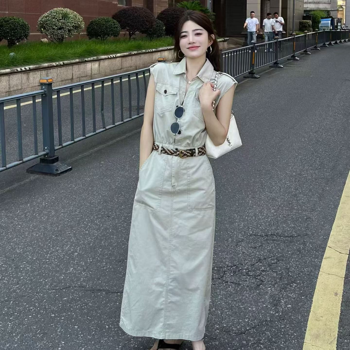 새로운 한국 스타일 패션 품격 다용도 슬림해 보이는 캐주얼 Feifei 소매 데님 드레스 벨트 투피스 세트 이미지 5