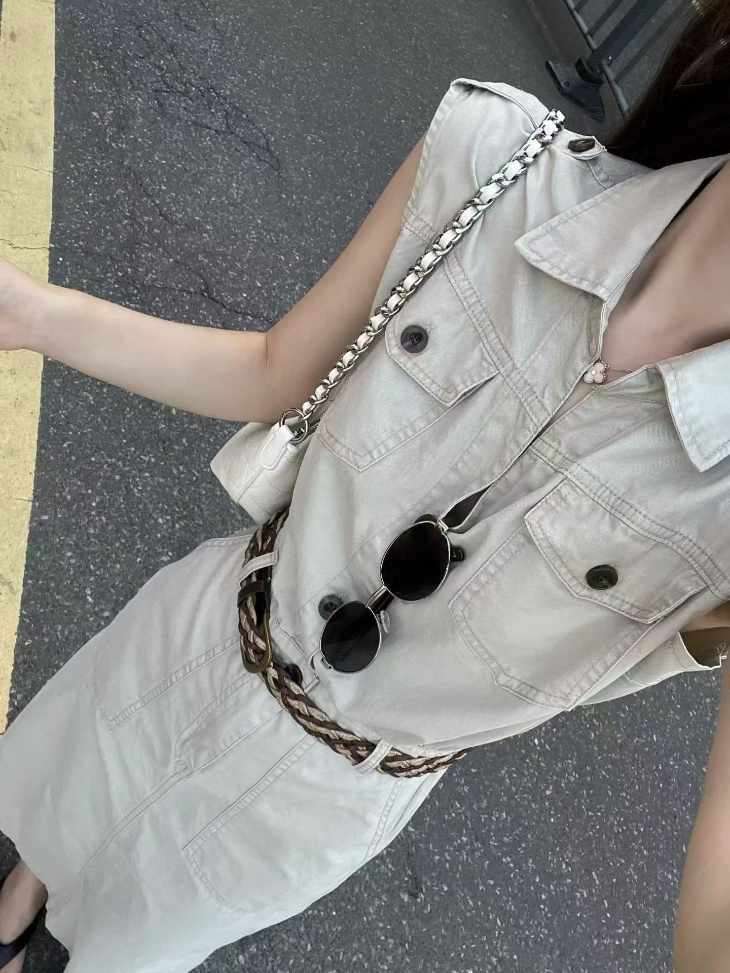 새로운 한국 스타일 패션 품격 다용도 슬림해 보이는 캐주얼 Feifei 소매 데님 드레스 벨트 투피스 세트 상세 이미지 6