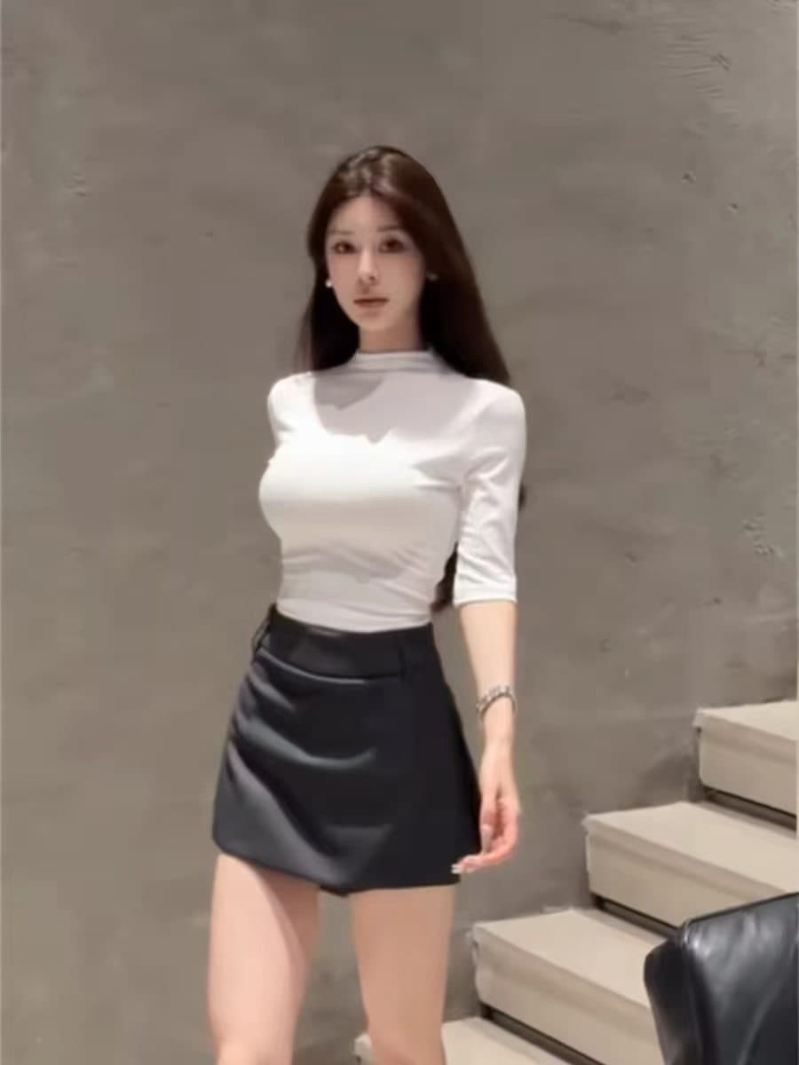 높음 지혜 센스 화이트 터틀넥 맨위 회색 반신 스커트 두 조각 여성 세트 2026 여름 몸매 가꾸기 슬림해 보이는 품격 세트 상세 이미지 6