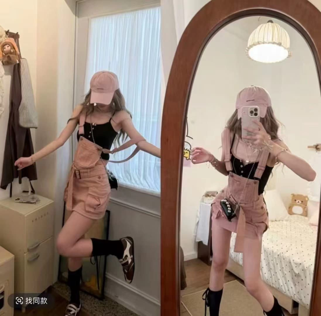 A 나이 나이 잉크 데뷔 달콤한 차가운 알몸의 분말 연인 핫걸 멜빵 바지 여성 의류 블랙 분말 절묘한 슬립 세트 이미지 2