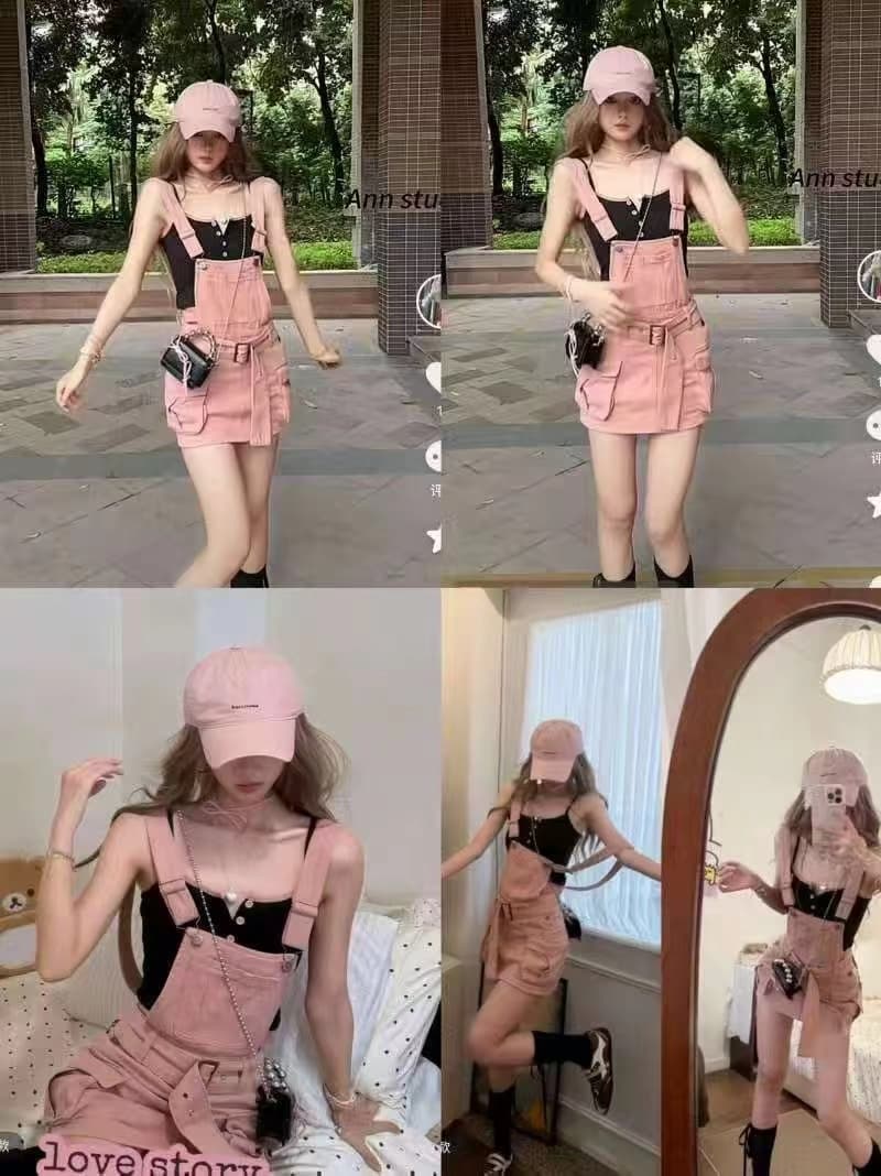 A 나이 나이 잉크 데뷔 달콤한 차가운 알몸의 분말 연인 핫걸 멜빵 바지 여성 의류 블랙 분말 절묘한 슬립 세트 상세 이미지 1