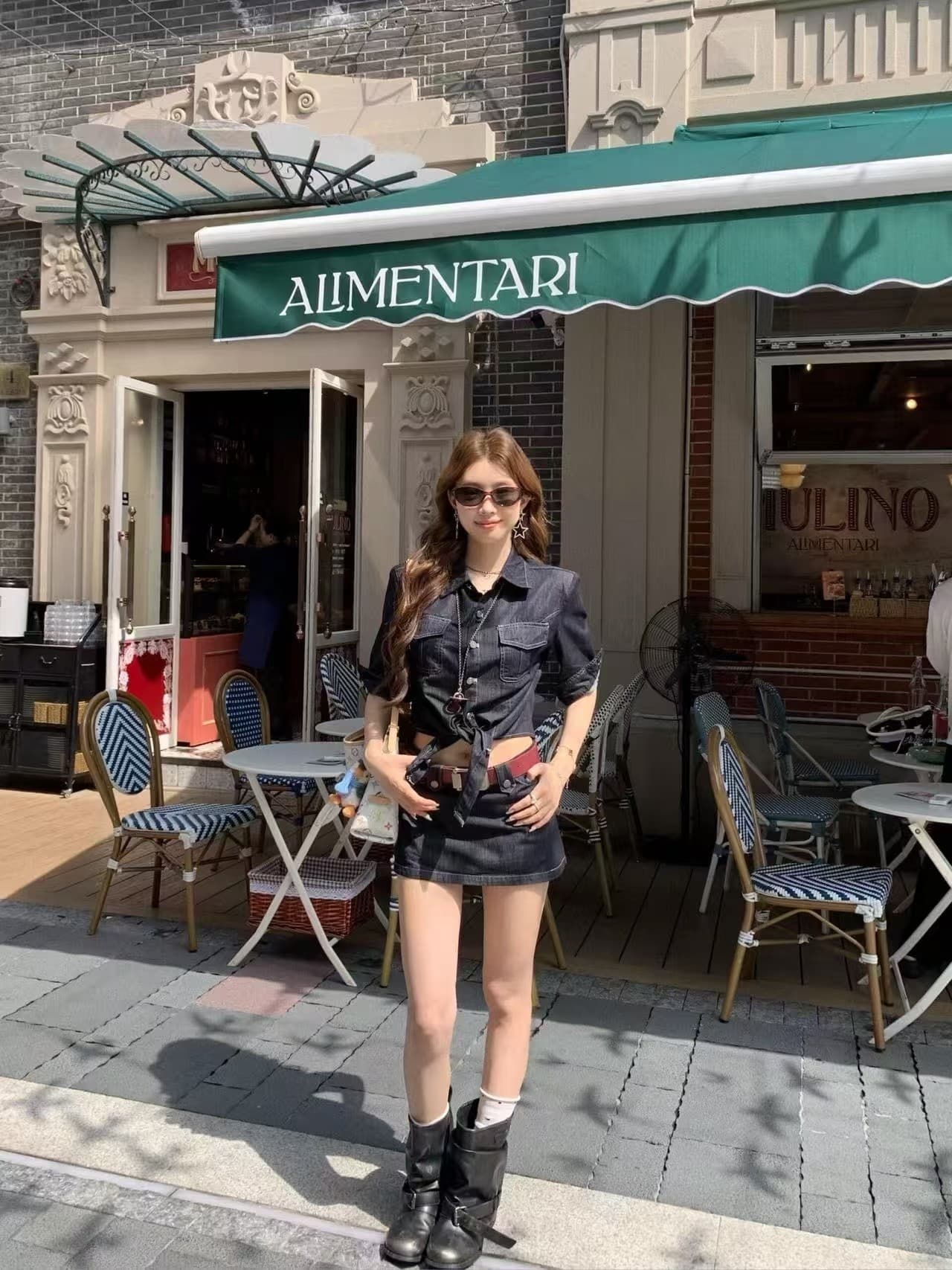 소녀 차가운 바람의 소리 바람 십자가 스트랩 데님 셔츠 레트로 반신 미니 스커트 투피스 세트 이미지 4