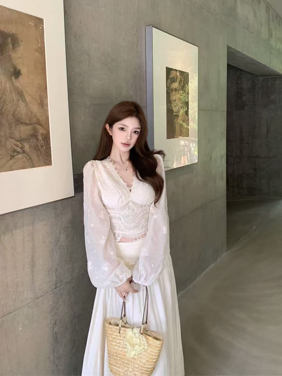 프랑스식 낭만주의 바람 레이스 투피스 세트 봄 무거운 작업 품격 긴팔 맨위 반신 스커트 우아함 고급 센스 세트 이미지 2