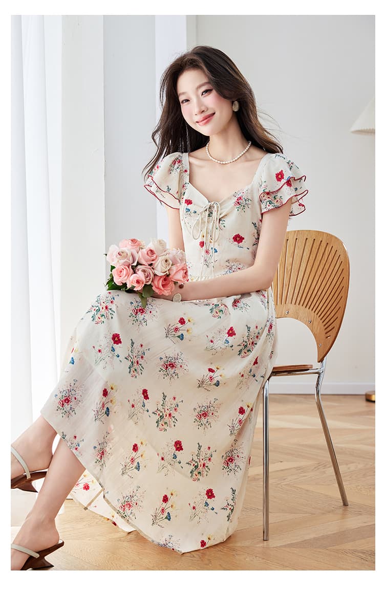 실사 2026 여성 여름 새로운 프랑스식 낭만주의 꽃무늬 드레스 Feifei 소매 슬림해 보이는 롱 스커트 상세 이미지 8