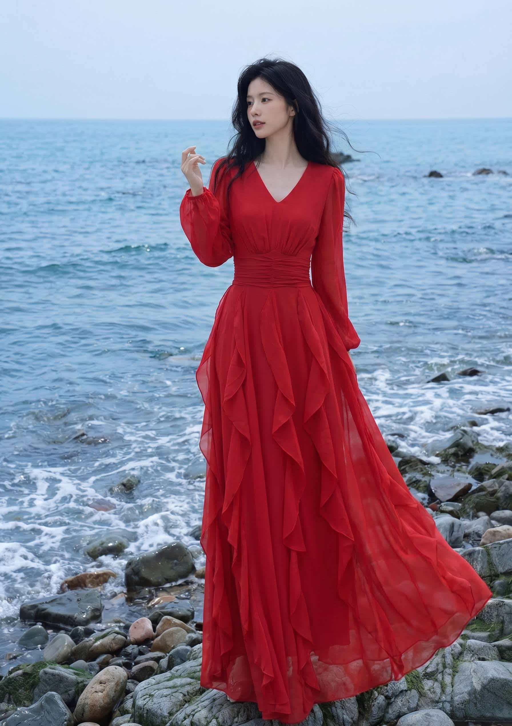 빨간색 여성 드레스 해변가 휴가 해변 롱 스커트 우아한 치마 신강 여행 Gan 칭하이 호 사막 착용 가져 가라. 상세 이미지 2