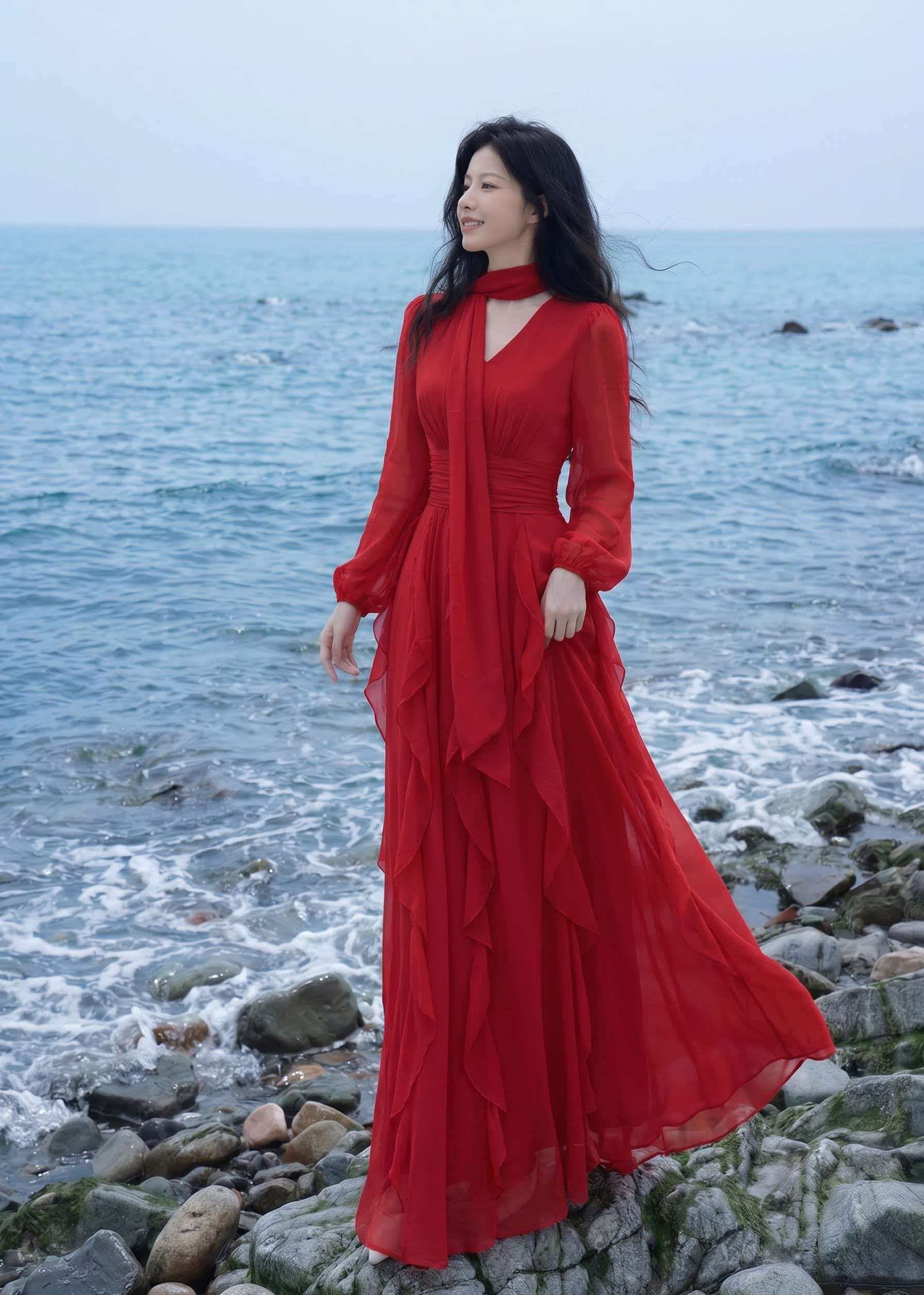 빨간색 여성 드레스 해변가 휴가 해변 롱 스커트 우아한 치마 신강 여행 Gan 칭하이 호 사막 착용 가져 가라. 상세 이미지 4