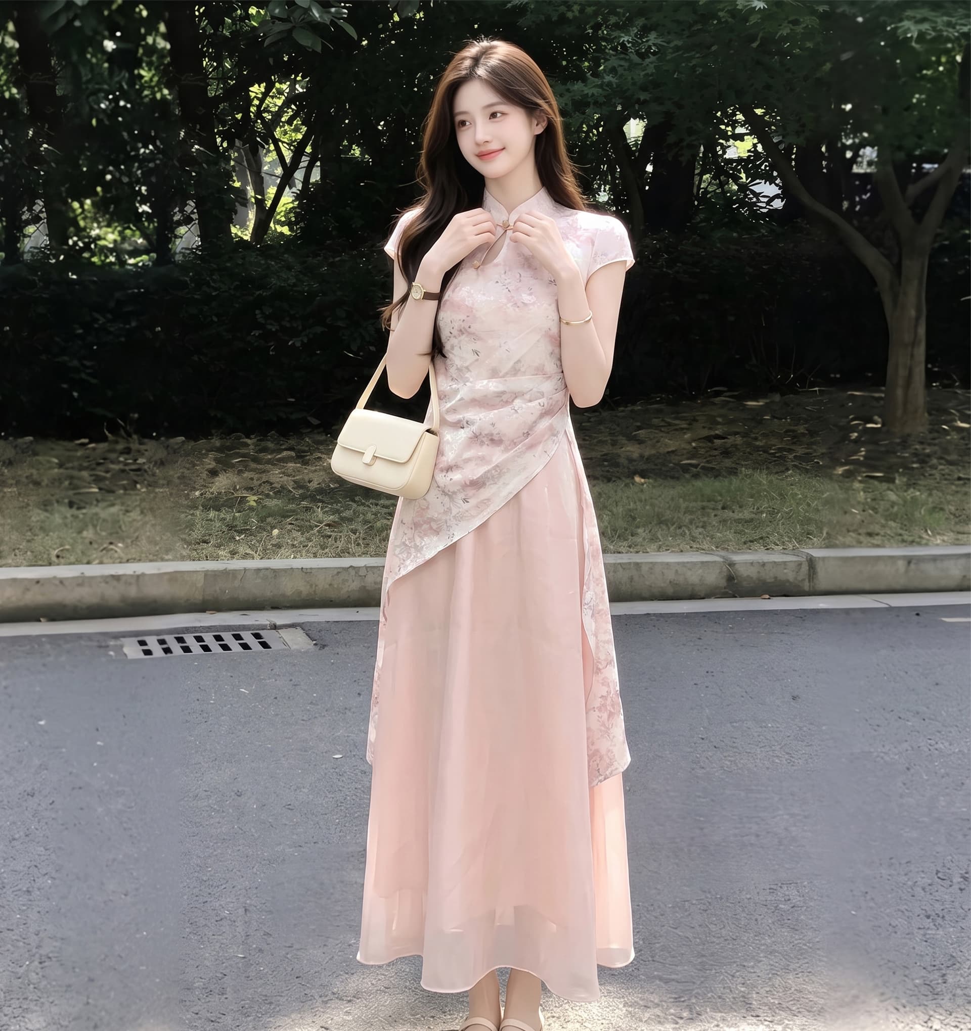 마술 색상 흐름 구름 새로운 중식 개선 핑크색 허리 수축 깃발 실 치파오 이미지 3
