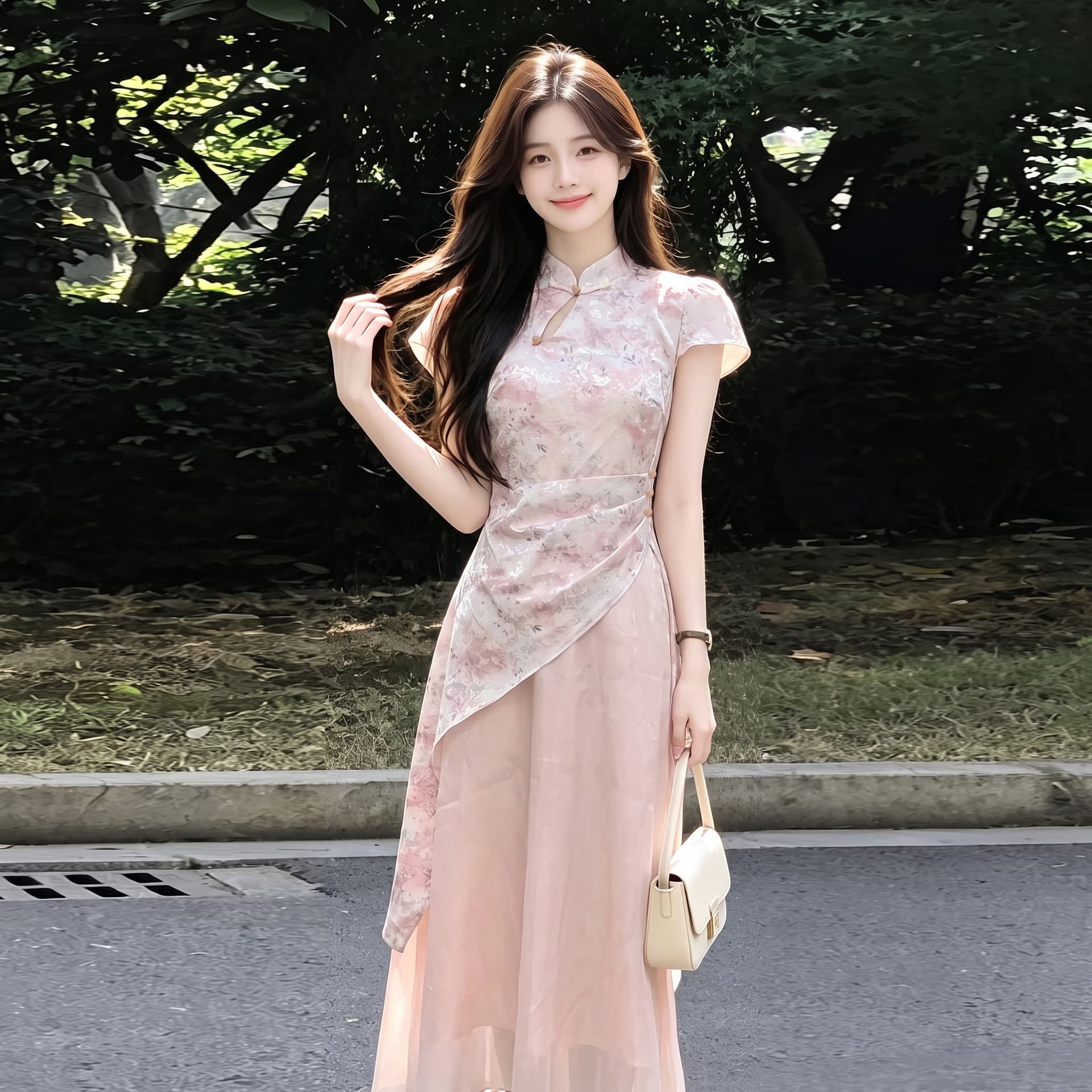 마술 색상 흐름 구름 새로운 중식 개선 핑크색 허리 수축 깃발 실 치파오 상세 이미지 3