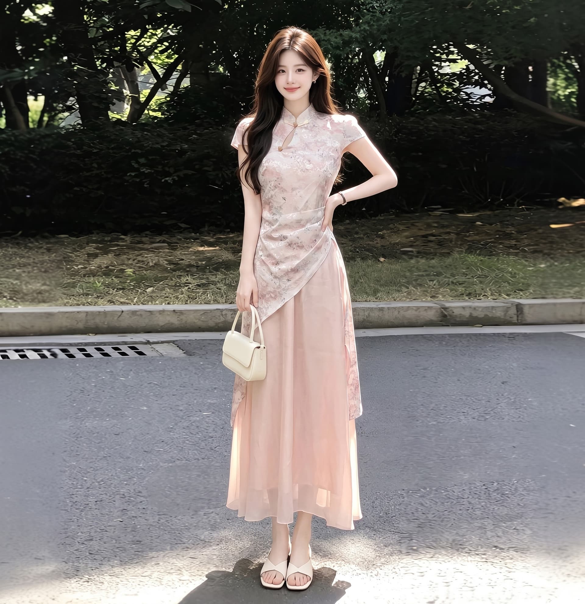 마술 색상 흐름 구름 새로운 중식 개선 핑크색 허리 수축 깃발 실 치파오 상세 이미지 6