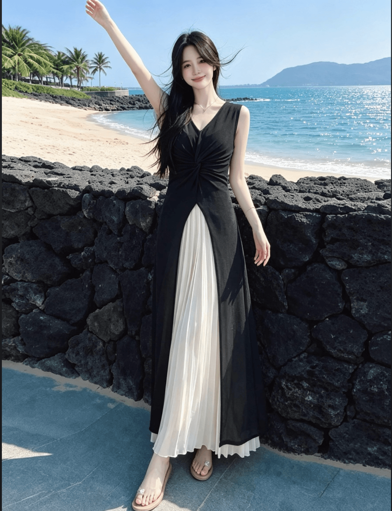 여름 민소매 v 칼라 패치워크 드레스 패션 다용도 슬림해 보이는 디자인 센스 롱 스커트 흑인과 백인 세트 이미지 4