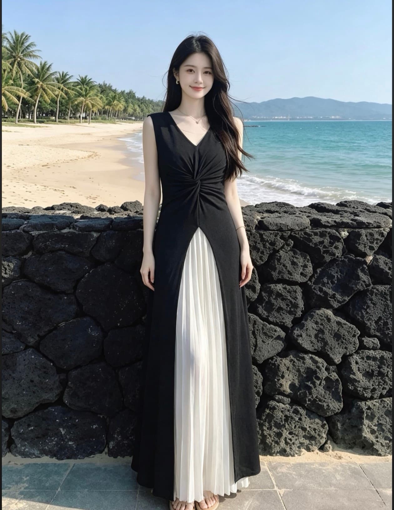 여름 민소매 v 칼라 패치워크 드레스 패션 다용도 슬림해 보이는 디자인 센스 롱 스커트 흑인과 백인 세트 상세 이미지 2