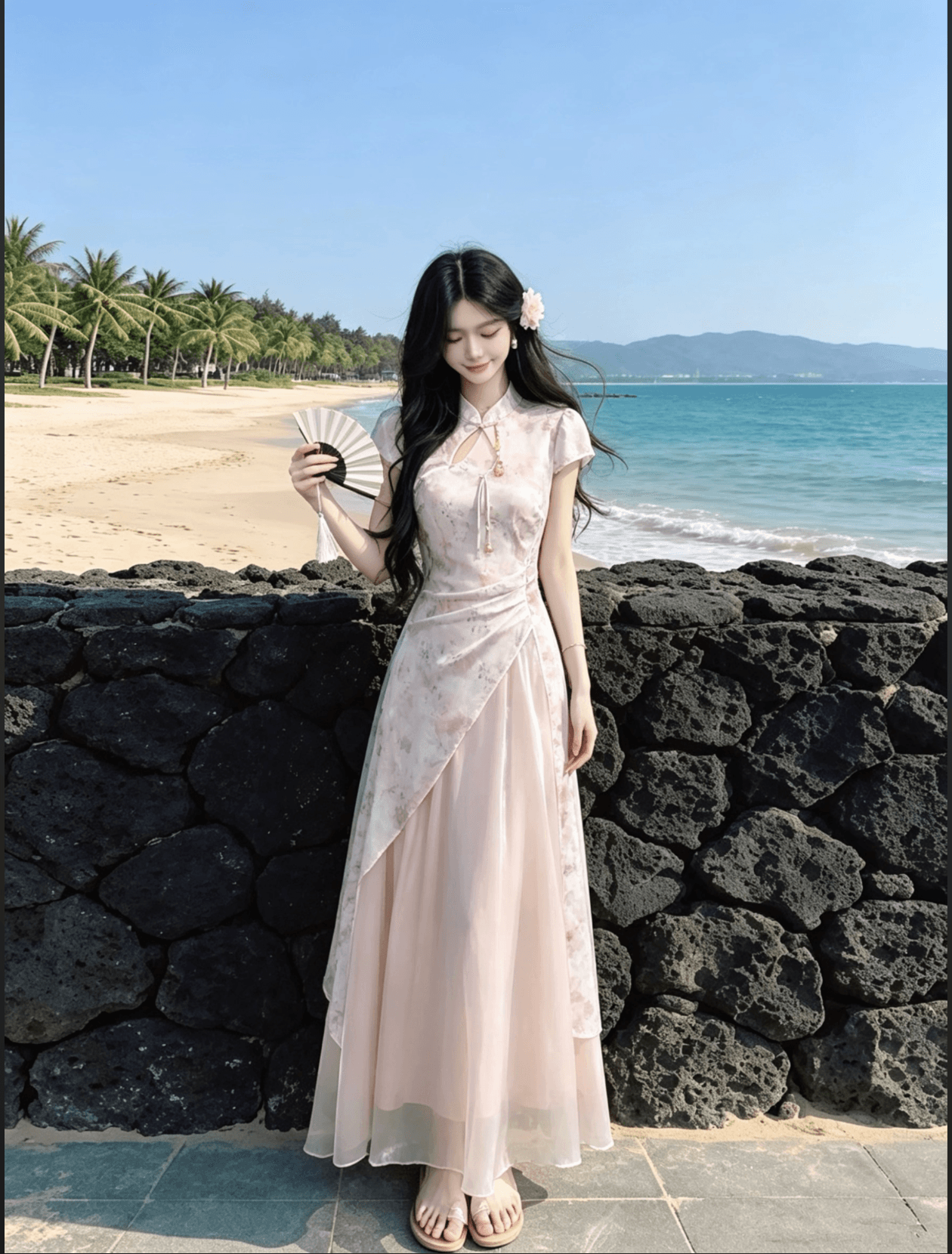 마술 색상 흐름 구름 새로운 중식 개선 핑크색 허리 수축 깃발 실 치파오 이미지 3