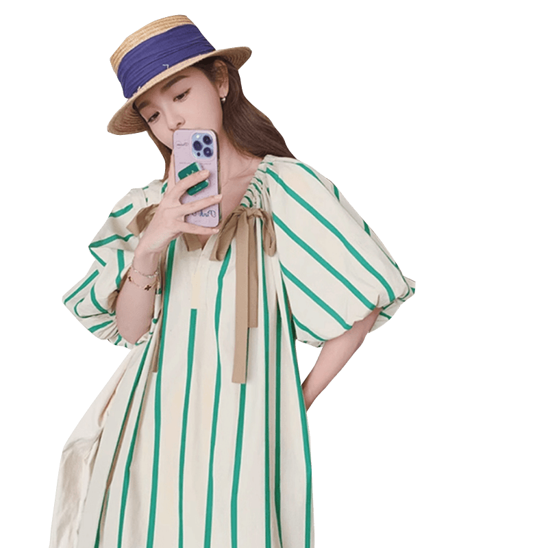 작은 대중 디자인 센스 스트라이프 거품 소매 여성 드레스 여름 2025 년 새로운 캐주얼 바람 임산부 드레스 이미지 5