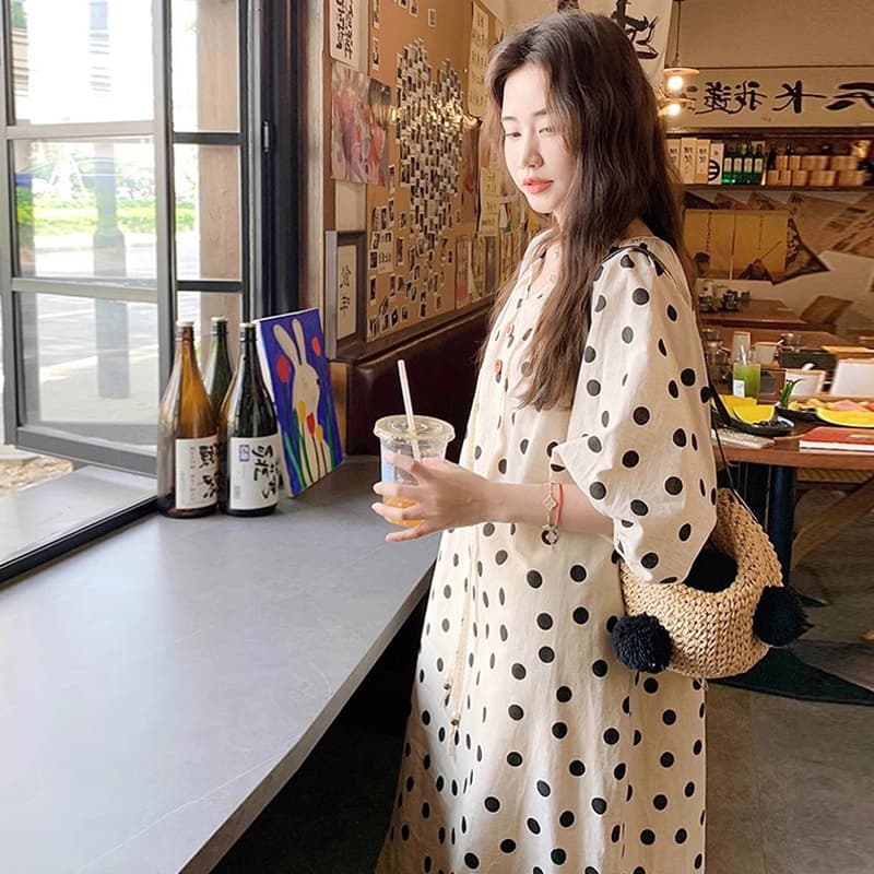 프랑스식 거품 소매 도트 무늬 여성 드레스 여름 2026 새로운 달콤함 연령 감소 루즈핏 슬림해 보이는 고유 한 임산부 치마 상세 이미지 8