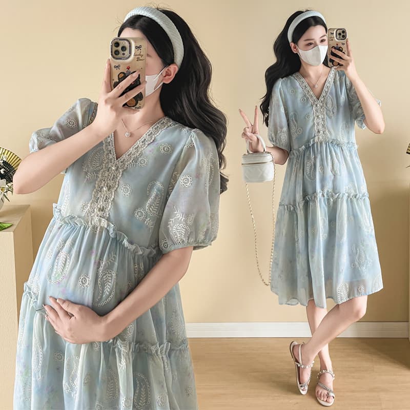 실사 파란색 자수 프린트 작은 청신 A라인 스커트 새로운 작은 키 센 부서 달콤함 연령 감소 임산부 드레스 이미지 3