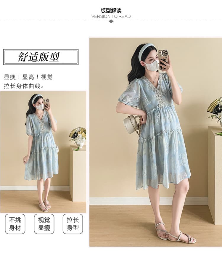 실사 파란색 자수 프린트 작은 청신 A라인 스커트 새로운 작은 키 센 부서 달콤함 연령 감소 임산부 드레스 상세 이미지 5