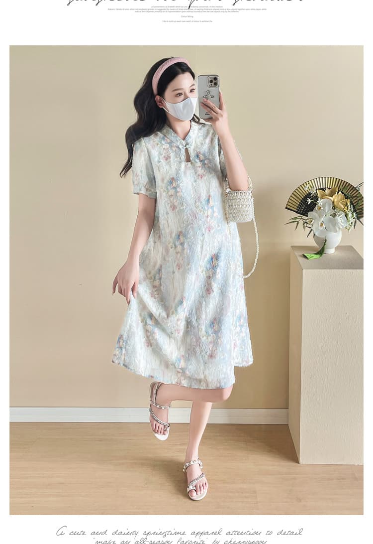 실사 드레스 임신 엄마 외출용 새로운 중식 치마 작은 키 루즈핏 여름 섹션 꽃무늬 치파오 상세 이미지 17