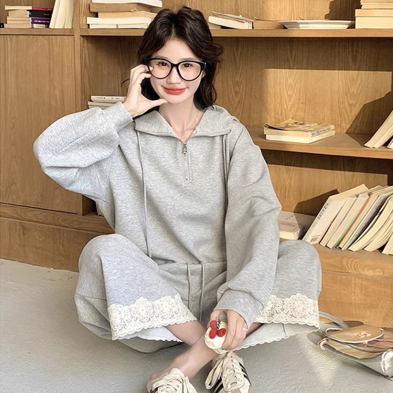 레이스 조각 캐주얼 운동 후드티 2026 새로운 와이드 레그 팬츠 고급 센스 캐주얼 임산부 세트 이미지 5